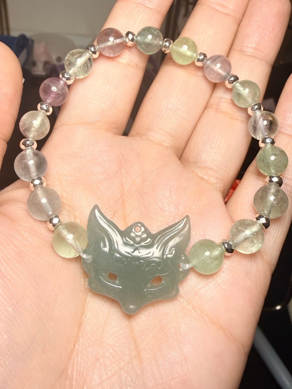 Blue Water Jade Fox Bracelet 8mm Fluorite Hematite